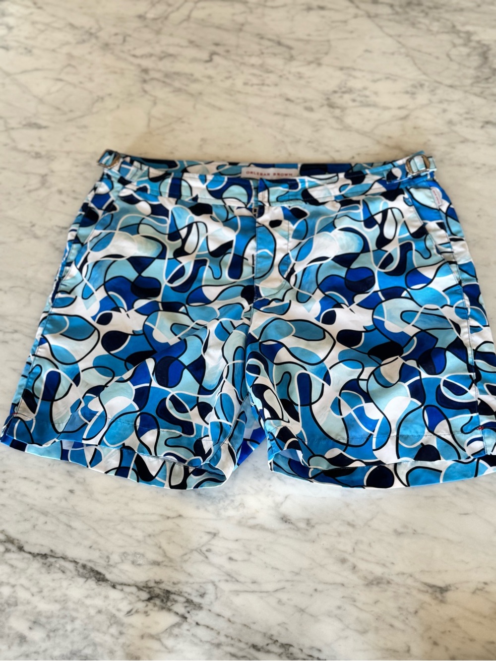 Orlebar Brown Tailored Swim Shorts Blue Abstract Swirl Luxury Swim Trunks
